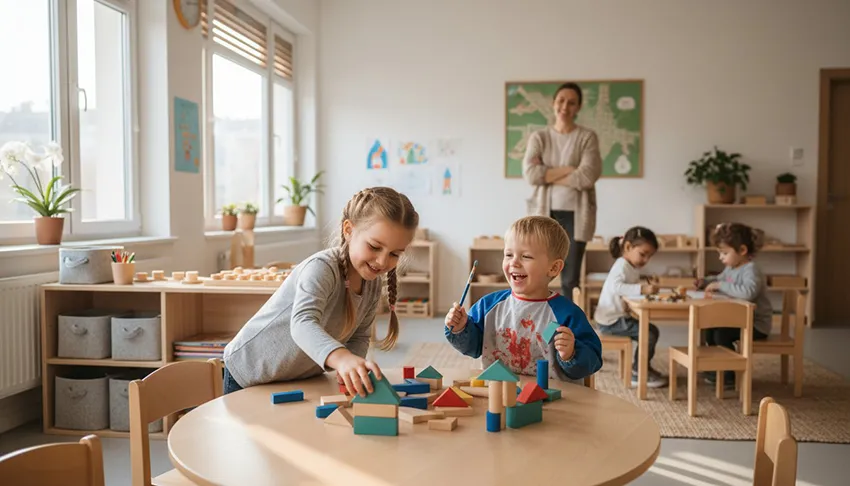 Gyerekek fa játékokkal játszanak a Happy Kids nemzetközi óvoda csoportszobájában
