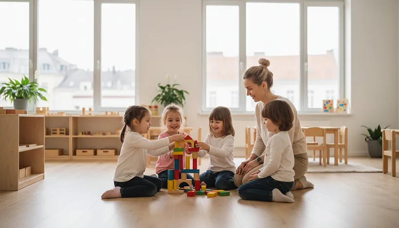 Gyerekek építőkockákkal játszanak pedagógussal a Happy Kids Budapest nemzetközi óvodában