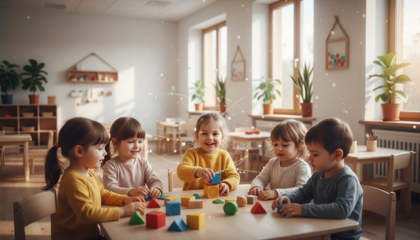 Gyerekek játékos foglalkozáson egy világos óvodai teremben, idegen nyelv tanulása közben színes építőkockákkal